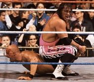 Stone Cold trapped in Bret Hart's Sharpshooter.